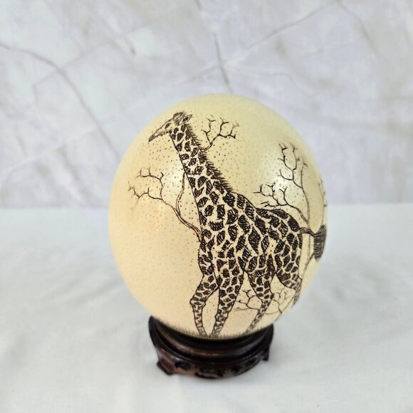 Hand Etched Giraffe on Ostrich Egg with Wooden Stand Home Office Collectible - Picture 1 of 13